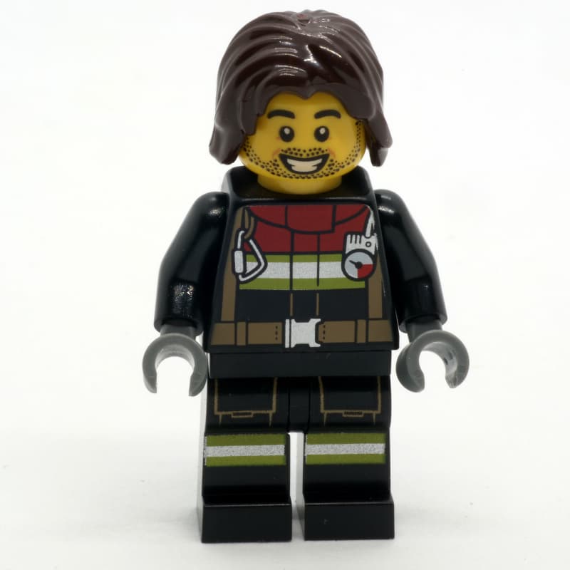 Firefighter, Black Fire Suit, Dark Brown Hair, Stubble Beard