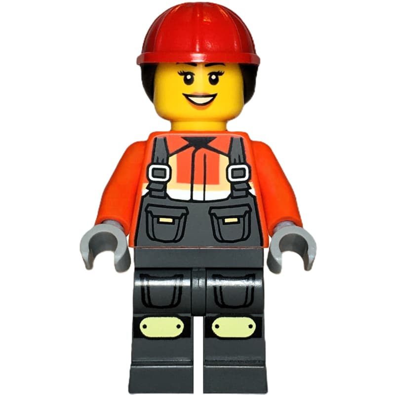 Construction Worker, Reddish Orange Jacket, Overall, Red Hard Hat with Hair