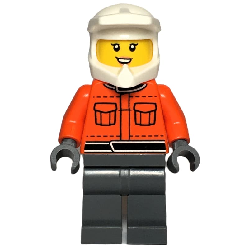Pit Crew, Reddish Orange Torso, Dark Bluish Grey Legs, Female, Smile