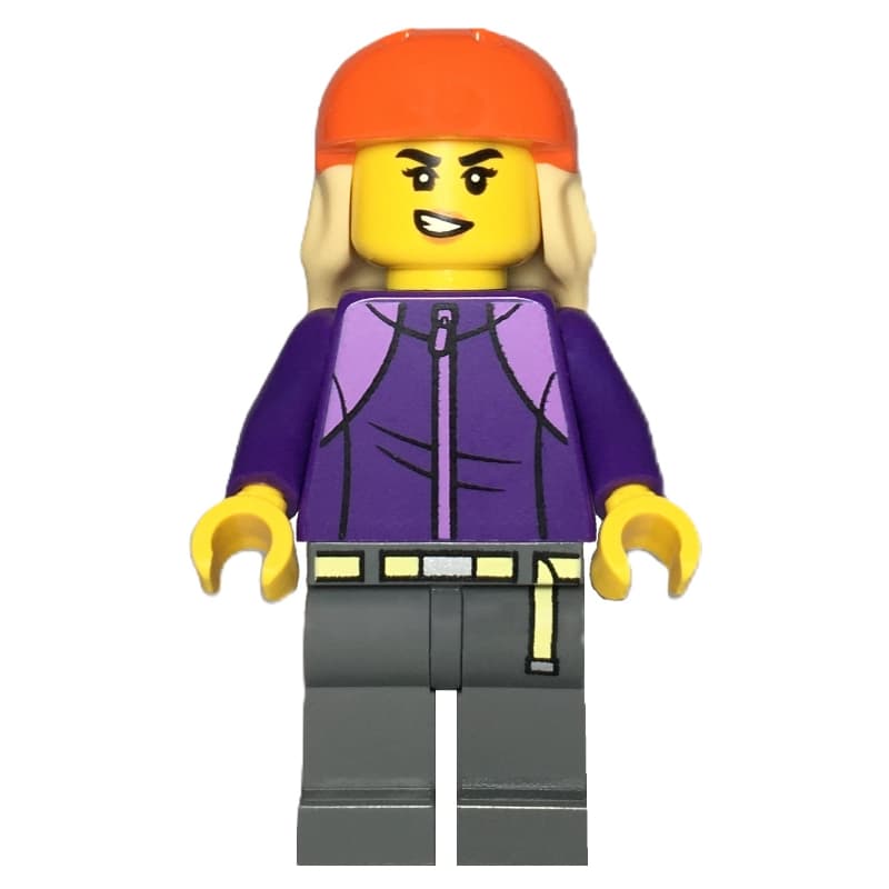 Skateboarder, Dark Purple Torso, Dark Bluish Grey Legs, Reddish Orange Helmet