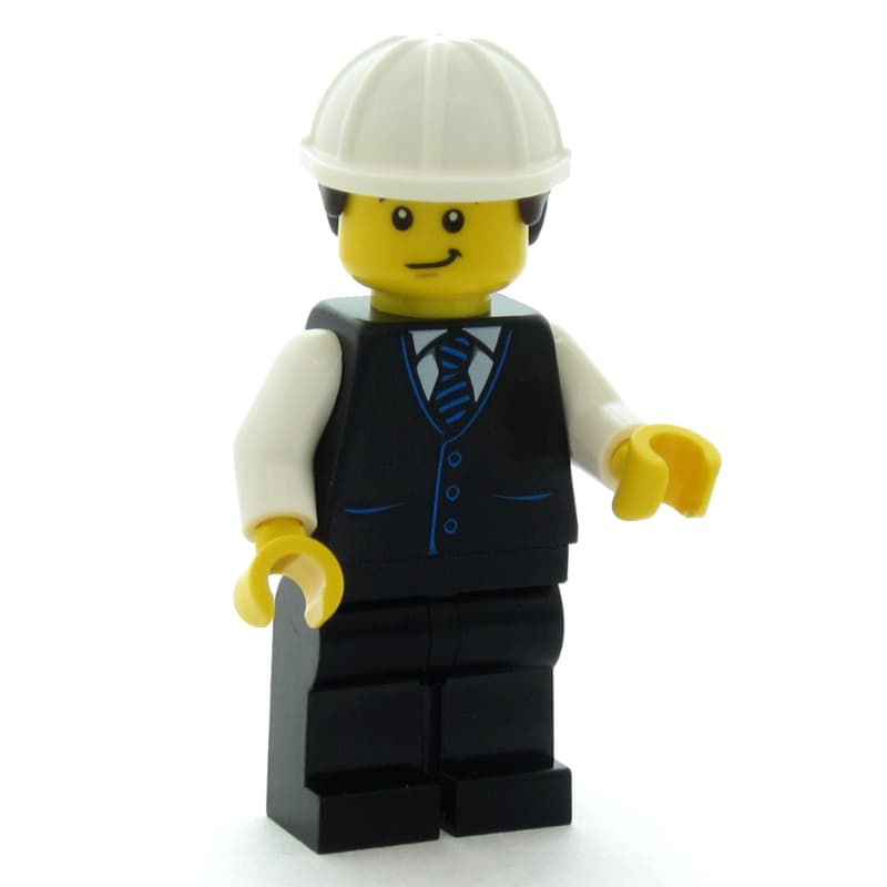 Man, Black Vest, Black Legs, White Hard Hat with Dark Brown Hair