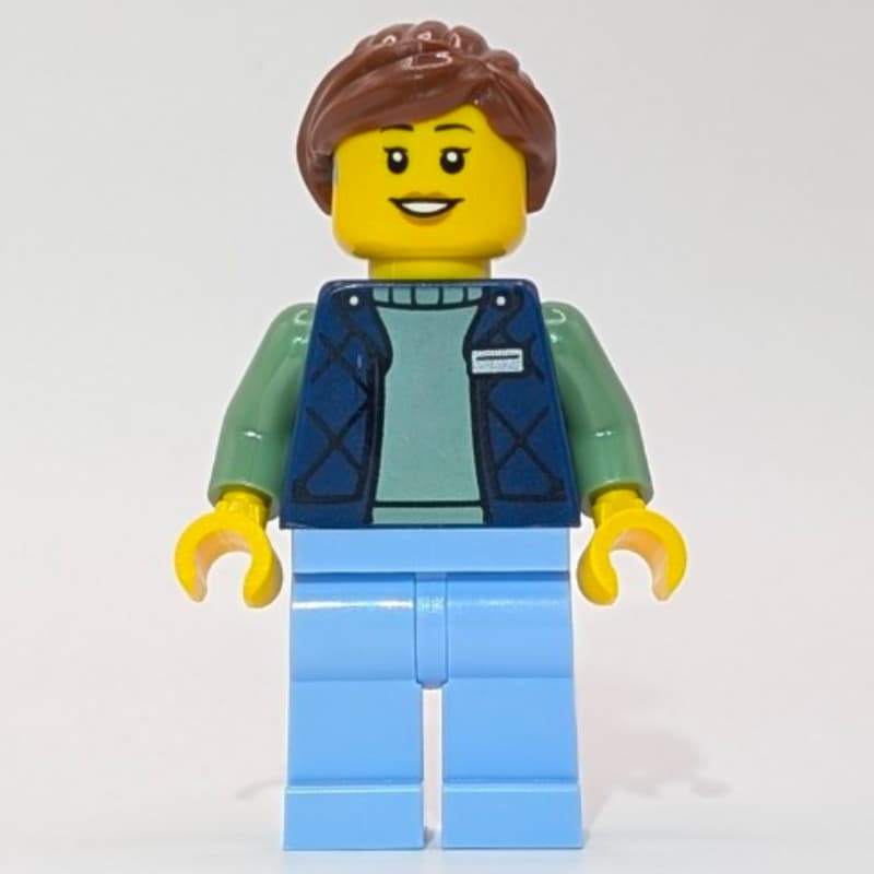 LEGO Employee, Dark Blue Torso, Bright Light Blue Legs, Reddish Brown Hair