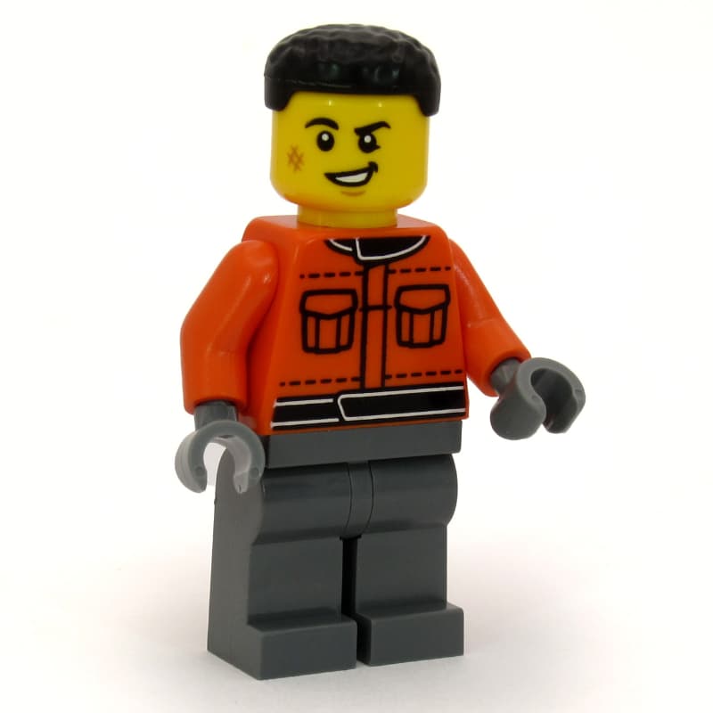 Pit Crew, Reddish Orange Jacket, Dark Bluish Gray Legs, Black Hair
