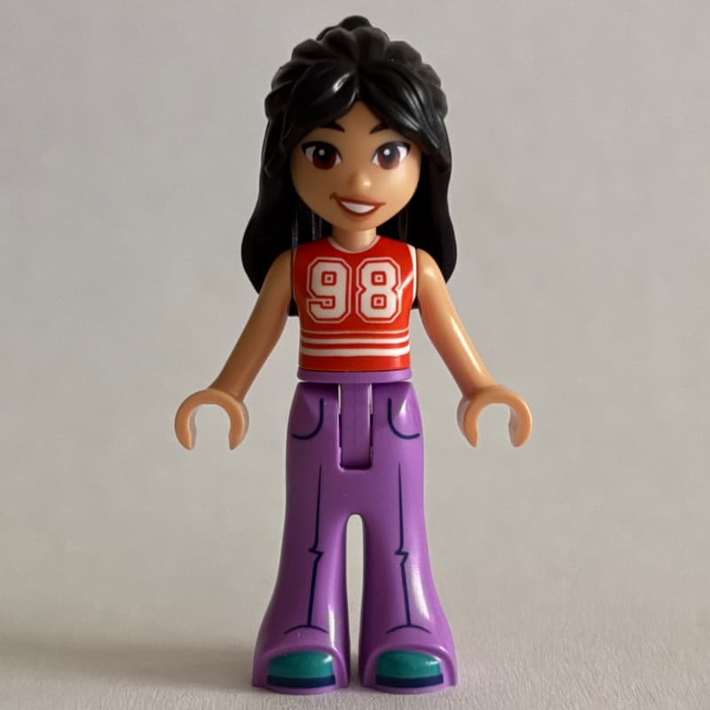 Liann, Reddish Orange Top, Lavender Pants
