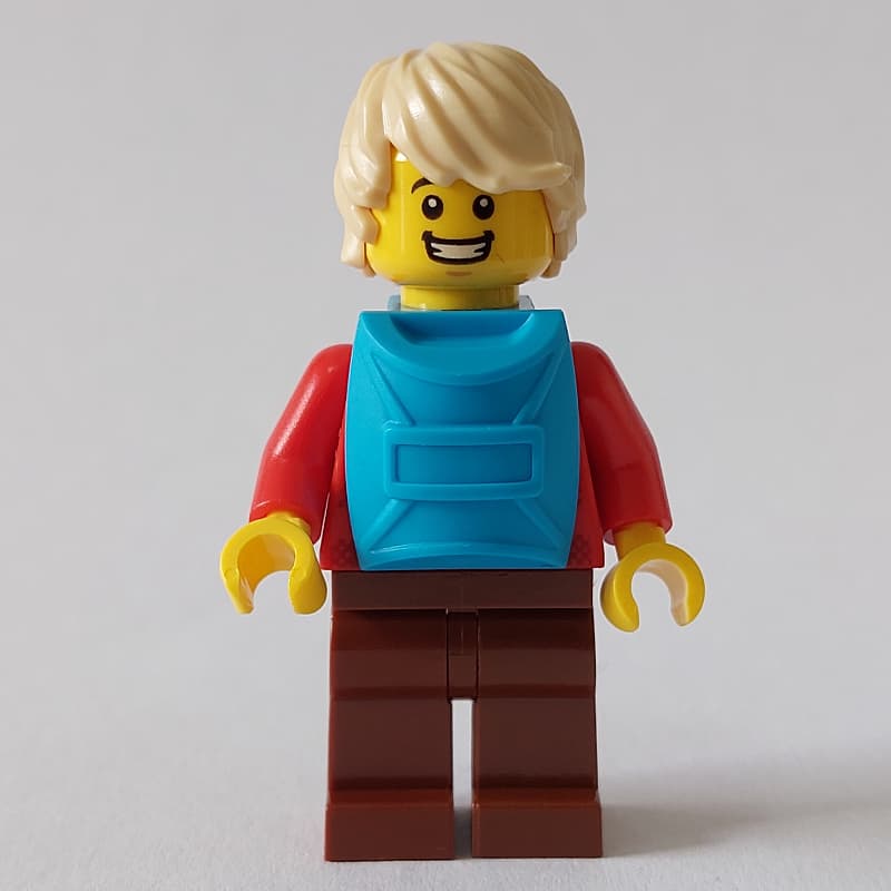 Man, Red Plaid Shirt, Reddish Brown Legs, Tan Hair, Backpack on Front