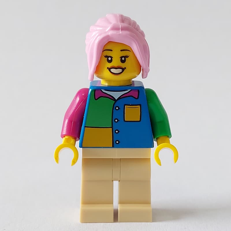 Woman, Blue, Yellow, and Green Shirt, Bright Pink Hair