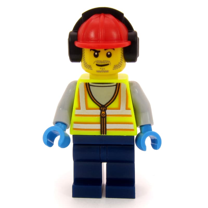 Airport Ground Crew Worker, Vibrant Yellow Torso, Dark Blue Legs, Red Hard Hat